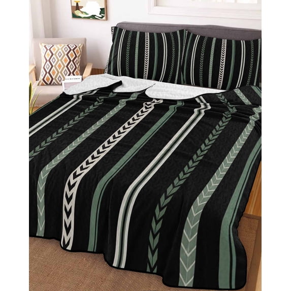 Black Green White Twin Size Down Alternative Comforter, Lightweight Comforter Quilt Bedding Set with Pillow Shams Boho Vintage Abstract Striped Lines All Seasons Bed Comforter Duvet Insert 68"x86"