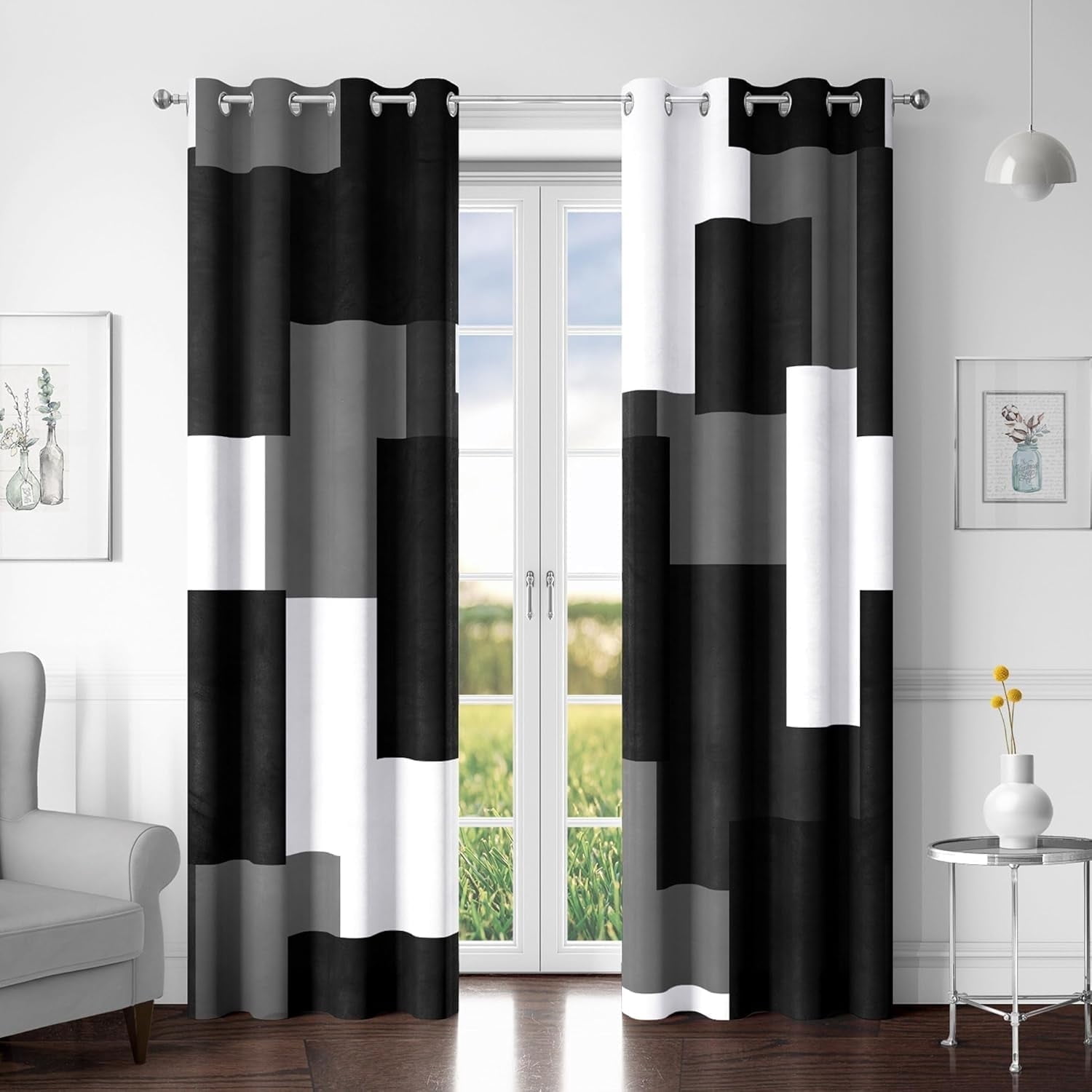 Tyrot 2 Panels Black Grey 100% Blackout Curtains for Bedroom White Gray Modern Abstract Geometric Curtains, 52" x 84"