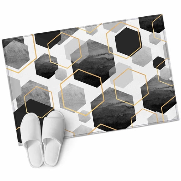 Black Grey 2'x3' Washable Rug, Geometric Gold White Hexagon Modern Non-Slip Soft Doormat Area Rugs for Entrance Bathroom Bedsides, Carpet for Kitchen Bedroom, Entryway Floor Mat