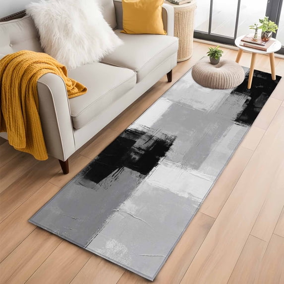 Black Grey 2'x6' Runner Rugs for Hallway Kitchen Bedside Non Slip Washable, Abstract Geometric Color Block Oil Painting Entryway Rug Runners with Rubber Backing, Long Carpet Runner for Laundry Room