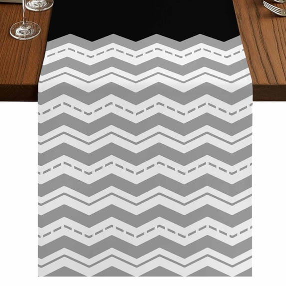 Black Grey 36 Inch Table Runner, Geometric Chevron Print Wavy Striped White Farmhouse Dresser Scarf Cotton & Linen Tablerunner for Dining/Kitchen Island/Holiday Party Décor Small 13" x 36"
