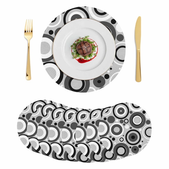 Black Grey Abstract Round 13 Inch Placemats Set of 8, Modern Geometric Polka Dot HeatResistant Non Slip Place Mats for Dining Table, Wipeable Braided Kitchen Table Mats for Housewarming