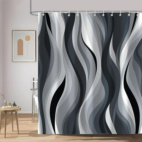 Black Grey Abstract Shower Curtain, Stripe Black White Gray Aesthetic Art Shower Curtains Bathroom Decor Set, Fabric Cloth Waterproof With 12 Hooks 54"W x 72"L