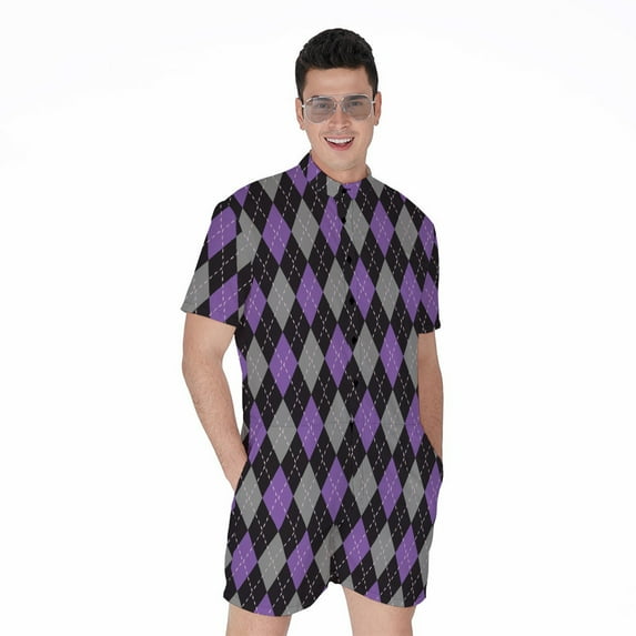 Black Grey And Purple Argyle Short Sleeve Men'S Rompers, Checkered Caro Plaid Tartan Casual Summer Jumpsuits Outfit