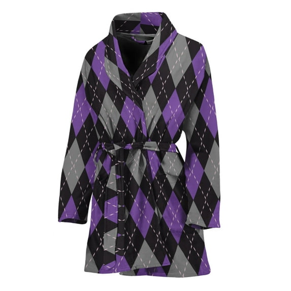 Black Grey And Purple Argyle Women Bathrobe One Size Univeral Fits, Checkered Caro Plaid Tartan Fashion Lightweight Plush Fleece Long Robe For Women