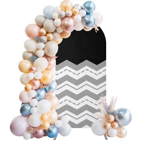 Black Grey Arch Backdrop Cover 5Ft, Wedding Arch Covers Stretchy Backdrop, Geometric Chevron Print Wavy Striped White Fitted 2 Sided Arched Photo Background for Birthday Party Decorations