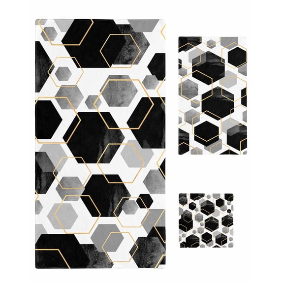 Black Grey Bath Towels for Bathroom Set,Luxury Microfiber Towels Gifts for Women,Quick Dry Beach Kitchen Hand Hair Face Towel and Dish Washcloth,Geometric Gold White Hexagon Modern Yoga Towels+Set