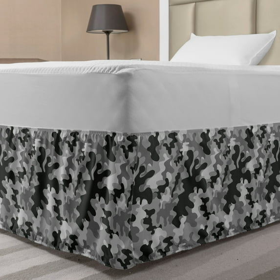 Black and Grey Bed Skirt, Stain Like Camouflage Pattern in Gloomy Greyscale Tones, Elastic Bedskirt Dust Ruffle Wrap Around for Bedding Decor, 4 Sizes, Charcoal Grey Grey, by Ambesonne