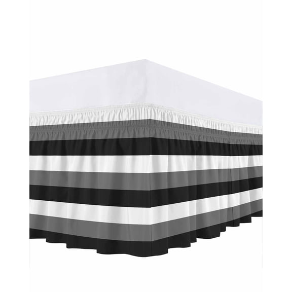 Black Grey Bed Skirt and White Striped Geometric Bed Skirts Queen Size 18 Inch Drop, Wrap Around Dust Ruffle&nbsp;Bedskirt with Adjustable Elastic Belt for Queen Size Beds