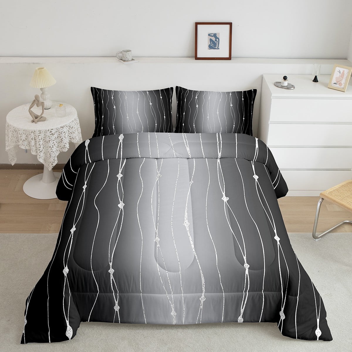 Black and Grey Bedding Set King Gradient Ombre Comforter Set, Wave ...