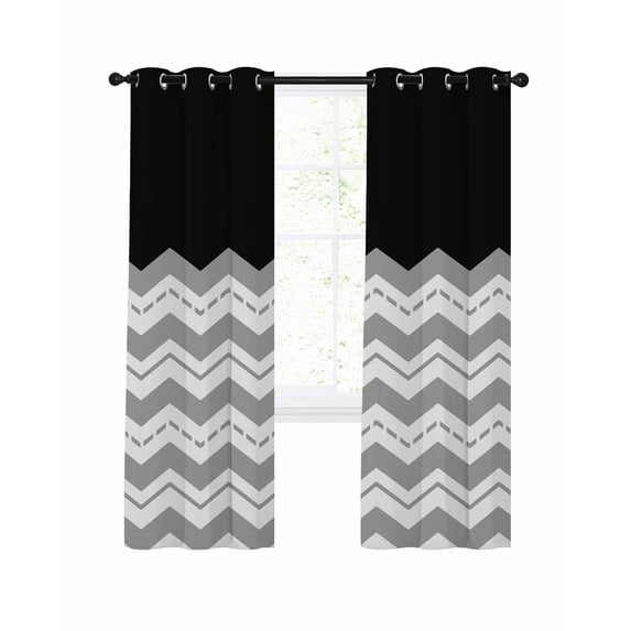 Black Grey Blackout Curtains, Light Blocking Print Window Curtains, Geometric Chevron Print Wavy Striped White Thermal Insulated Window Drapes for Living Room Kitchen Cafe 2 Panels, 104"W x 72"L