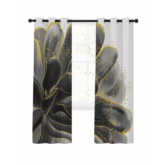 Black Grey Blackout Curtains, Light Blocking Print Window Curtains, Vintage Gold Ink Floral Chinese Painting Thermal Insulated Window Drapes for Living Room Kitchen Cafe 2 Panels, 84"W x 84"L