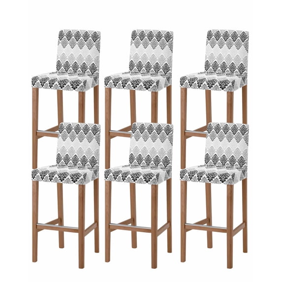Black Grey Boho Flowers Bar Stool Covers Set of 6, Modern Luxurious Geometric Floral Stretch Bar Chair Covers with Backs, Removable Pub Counter Height Chair Cover for Kitchen Dining Room Cafe