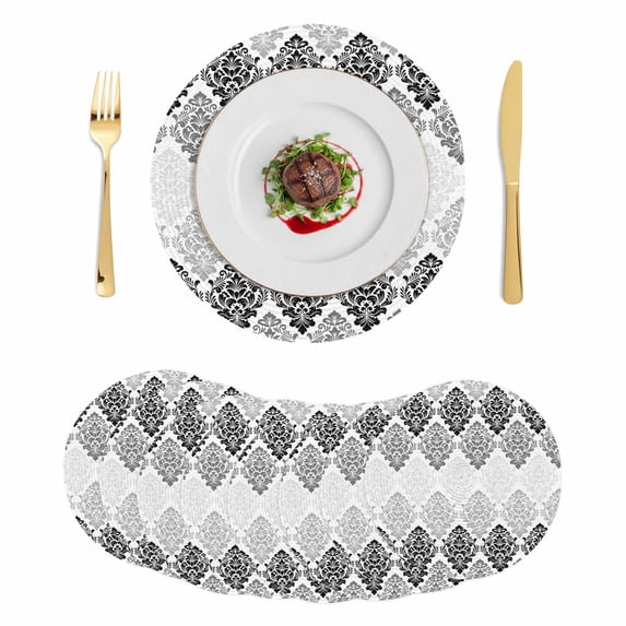 Black Grey Boho Flowers Round 13 Inch Placemats Set of 8, Modern Luxurious Geometric Floral HeatResistant Non Slip Place Mats for Dining Table, Wipeable Braided Kitchen Table Mats for Housewarming