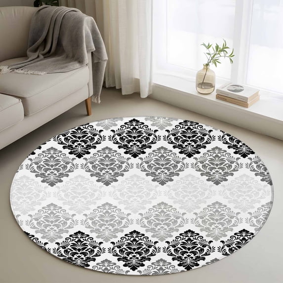 Black Grey Boho Flowers Round Area Rug 3Ft Washable Small Circle Rugs for Kitchen Entryway, Modern Luxurious Geometric Floral Non-Slip Carpet Floor Mats Indoor Outdoor Carpet Runner Home Decor