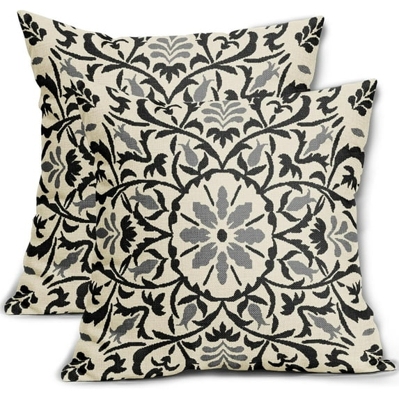 Black Grey Boho Pillow Covers 20 x 20 Inch Bohemian Ethnic Carpet Style Vintage Flower Print Decorative Throw Pillows Outdoor Linen Square Cushion Case Farmhouse Decor for Sofa Bed Set of 2