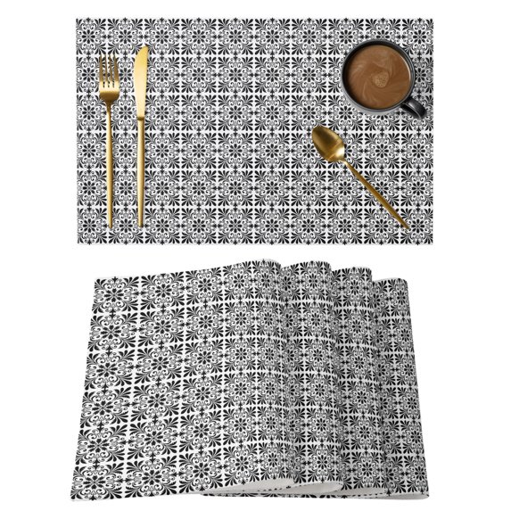 Black Grey Boho Placemats Set of 6 Farmhouse Country Flowers Plaid Textured Place Mats Indoor Wipeable Table Mats Washable Cloth Dining Table Placemats for Kitchen Holiday Party Home Decor 13x19 Inch