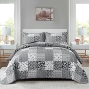 Black Grey Boho Quilt Set California King Size 3 Pieces Plaid Floral Bedspread Coverlet Set for All Season Patchwork Bedding Set