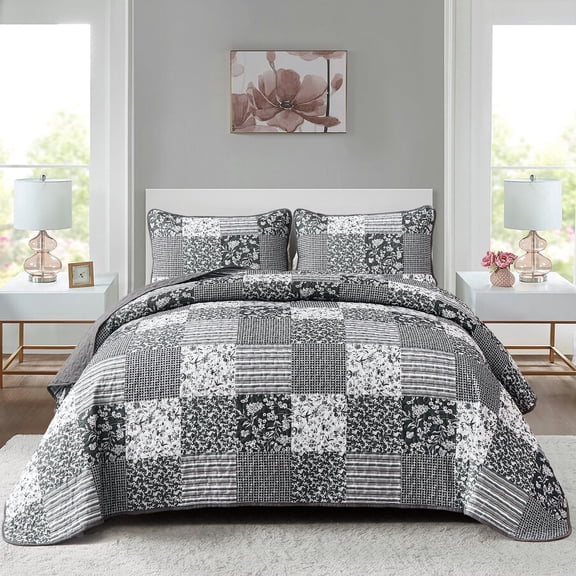 3PCS Gray Grid Patchwork Quilt Set King Size Bedding Sets Lightweight All Season (90"x104")