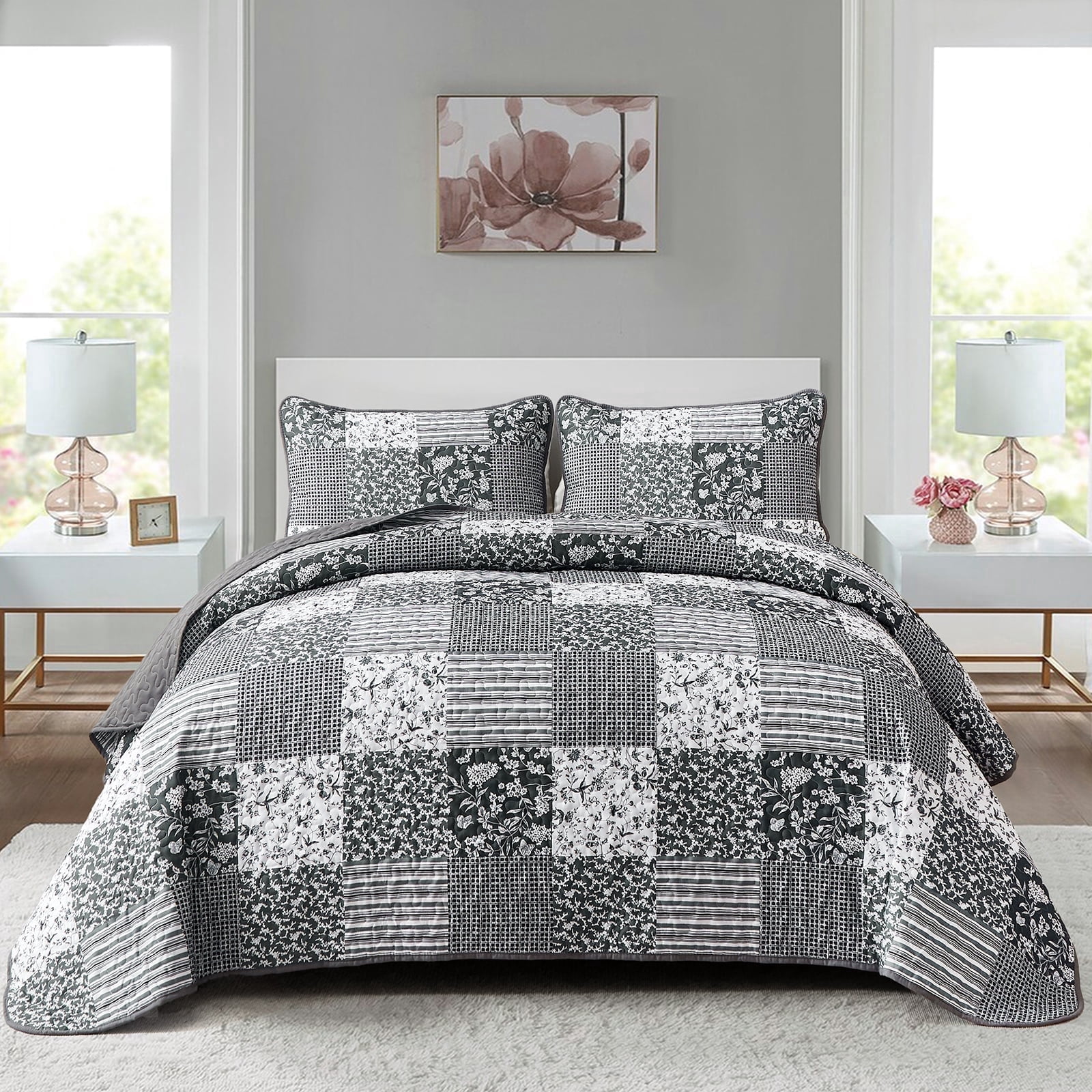 Grid Patchwork Quilt Sets Queen Size,3 Pcs Gray Bedding Sets Lightweight Adult(90"x 96")