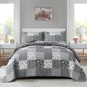 Grid Patchwork Quilt Sets Queen Size,3 Pcs Gray Bedding Sets Lightweight Adult90x 96