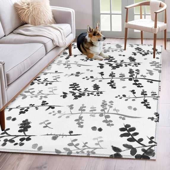 Black Grey Botanical Area Rugs 2.7'x5', Washable Small Throw Rugs for ...