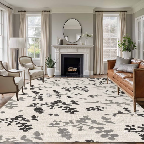 Black Grey Botanical Area Rugs 5'x7', Small Throw Rugs for Laundry Room Playroom, Rustic Country Spring Floral Summer Leaf Indoor Outdoor Rug Non-Slip Low Pile Carpet Runner Reversible Floor Mats