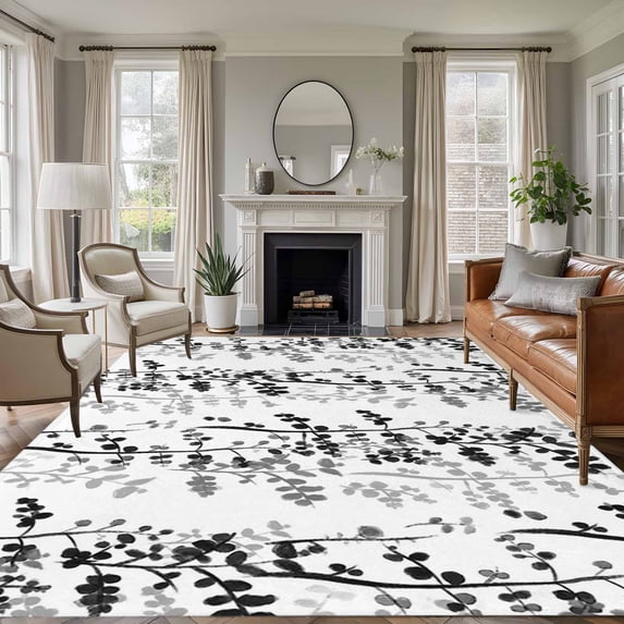 Black Grey Botanical Area Rugs 5'x7', Washable Small Throw Rugs for Laundry Room Playroom, Spring Floral Summer Farmhouse Indoor Outdoor Rug Non-Slip Low Pile Carpet Runner Reversible Floor Mats