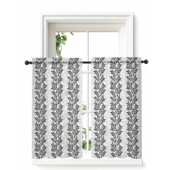 Black Grey Botanical Curtains 45 Inch Length,Sheer Curtains for Bedroom Living Room Window Pastoral Spring Summer Leaf Aesthetics Rod Pocket Drapes Kitchen Curtains Small Half Window 42"x45" 2 Panels