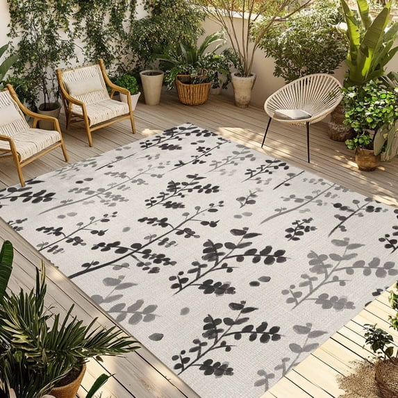 Black Grey Botanical Outdoor Rug for Patio/Deck/Porch, Non-Slip Large Area Rug 5 x 7 Ft, Rustic Country Spring Floral Summer Leaf Indoor Outdoor Rugs Washable Area Rugs, Camping Rug Carpet Runner