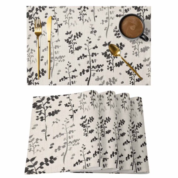Black Grey Botanical Placemats Set of 12, Rustic Country Spring Floral Summer Leaf Placemats for Dining Table, Place Mats for Kitchen Tabletop, Waterproof Wipeable Dining Table Mats Set