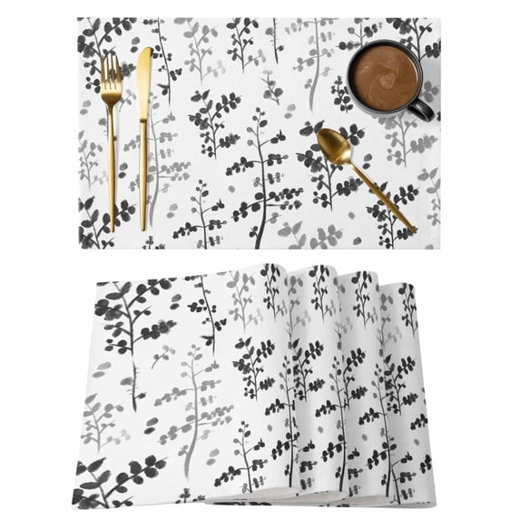 Black Grey Botanical Placemats Set of 8, Watercolor Spring Floral Summer Leaf Placemats for Dining Table, Place Mats for Kitchen Tabletop, Waterproof Wipeable Dining Table Mats Set