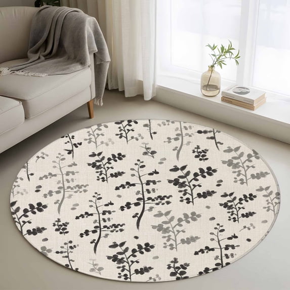Black Grey Botanical Round Area Rug 3.3Ft Washable Circle Rugs for Dining Room Table, Rustic Country Spring Floral Summer Leaf Non-Slip Carpet Floor Mats Indoor Outdoor Carpet Runner Home Decor