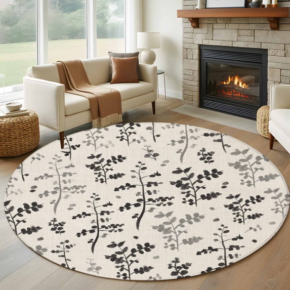 Black Grey Botanical Round Area Rug 8Ft Washable Large Circle Rugs for Living Room Dorm, Rustic Country Spring Floral Summer Leaf Non-Slip Carpet Floor Mats Indoor Outdoor Carpet Runner Home Decor
