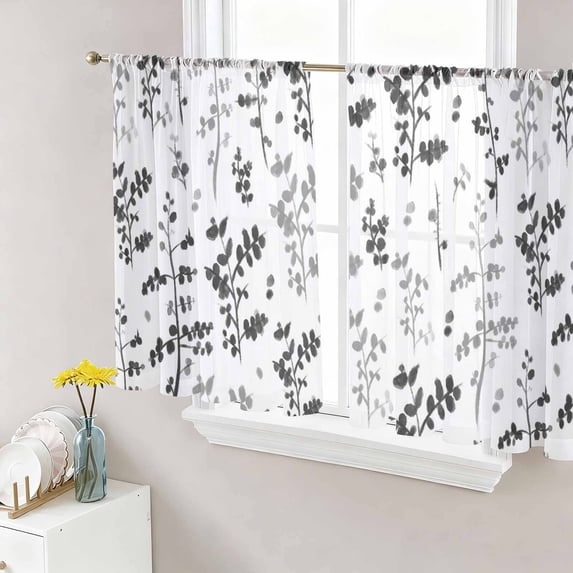 Black Grey Botanical Sheer Curtains 45 Inch Length 2 Panels Set, Watercolor Spring Floral Summer Leaf Voile Window Treatment Rod Pocket Small Kitchen Curtains Drapes for Bedroom 52"x45"x2