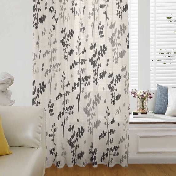 Black Grey Botanical Sheer Curtains 72 Inches Long for Living Room/Bedroom, Rustic Country Spring Floral Summer Leaf Rod Pocket Voile Kitchen Curtains & Drapes Window Treatment 1 Panel, 52"W x 72"L