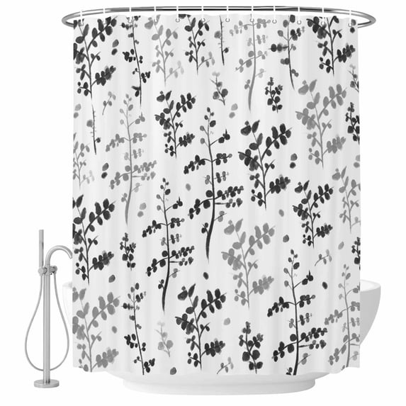 Black Grey Botanical Shower Curtain Set - Small 36" x 72" Washable Bathtub Curtain with 12 Hooks, Watercolor Spring Floral Summer Leaf Waterproof Fabric Shower Curtains for Bathroom/Bathtub Décor