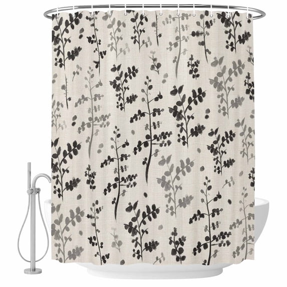 Black Grey Botanical Shower Curtain, Waterproof Shower Curtains for Bathroom, Rustic Country Spring Floral Summer Leaf Washable Fabric Bathtub Curtain Set Bath Decor with 12 Hooks 72"x78"