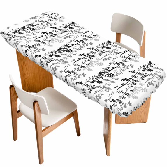 Black Grey Botanical Table Cloths for 8 Foot Rectangle Tables, Spring Floral Summer Farmhouse Patio Waterproof Elastic Fitted Tablecloths, Washable Rectangular Table Cover for Camping