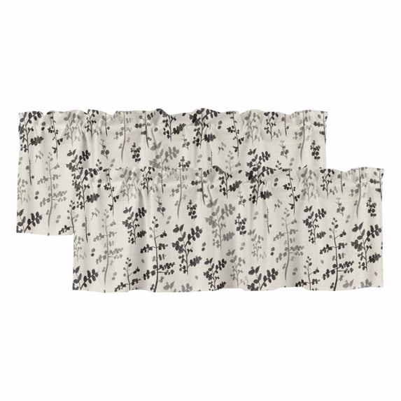 Black Grey Botanical Valances for Windows, Decorative Rod Pocket Window Valance Curtains, Rustic Country Spring Floral Summer Leaf Short Curtain Drapes for Living Room, 2 Panels, 42" W x 18" L