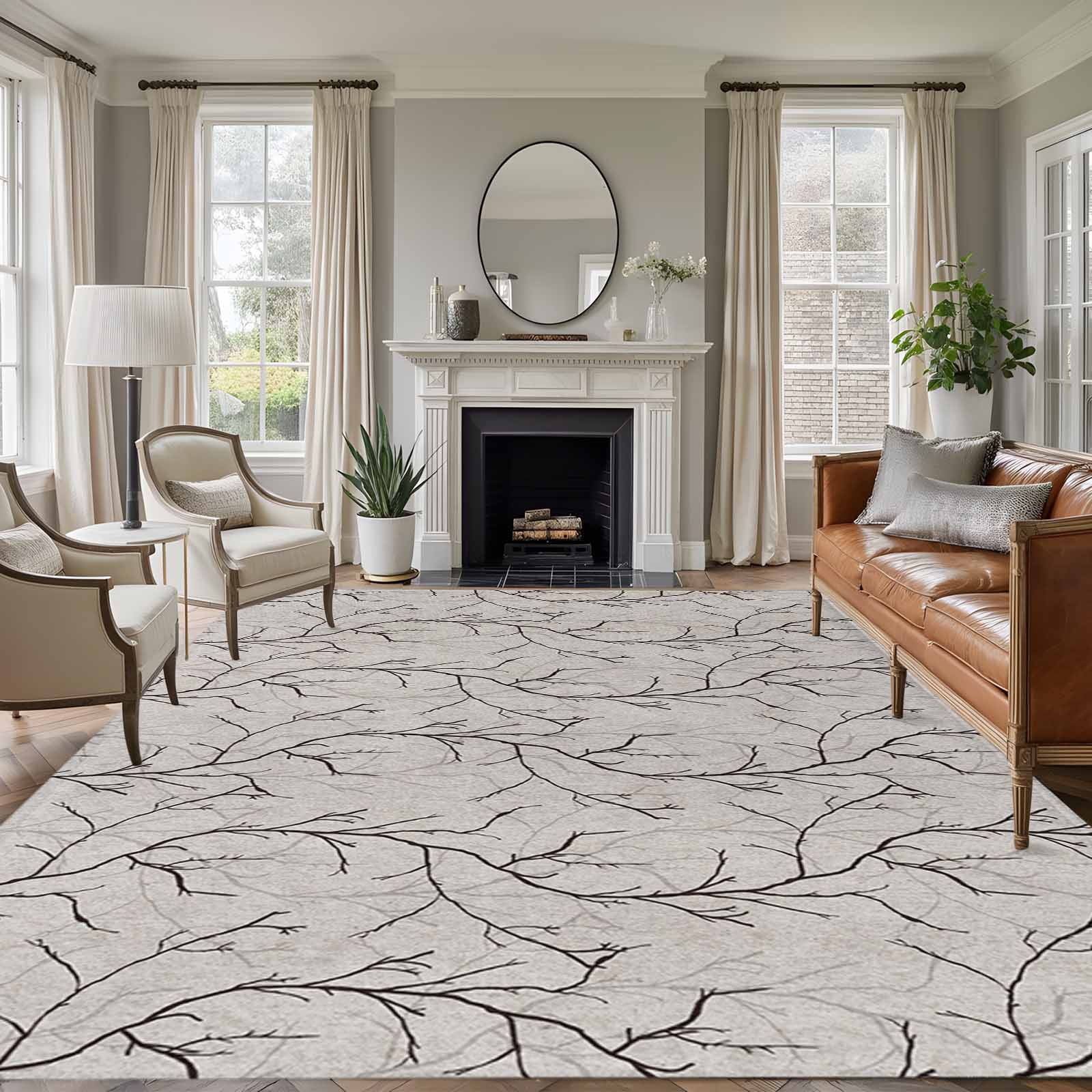 Black Grey Branches Area Rugs 8'x10', Washable Small Throw Rugs for Living Room Patio, Vintage Art Farmhouse Indoor Outdoor Rug Non-Slip Low Pile Carpet Runner Reversible Floor Mats