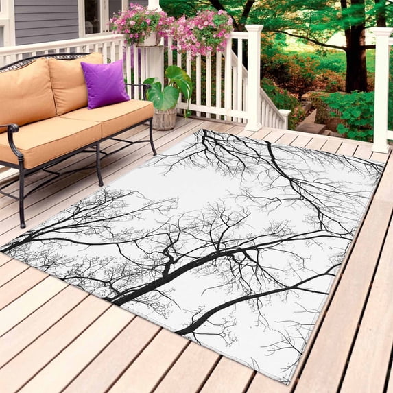 Black Grey Branches Outdoor Rug 4x6 Ft, Non Slip Washable Area Rug, Modern Art Botanical Patio Rugs Carpet Runner, Large Floor Mat for Indoor/Outdoor Deck Porch Camping