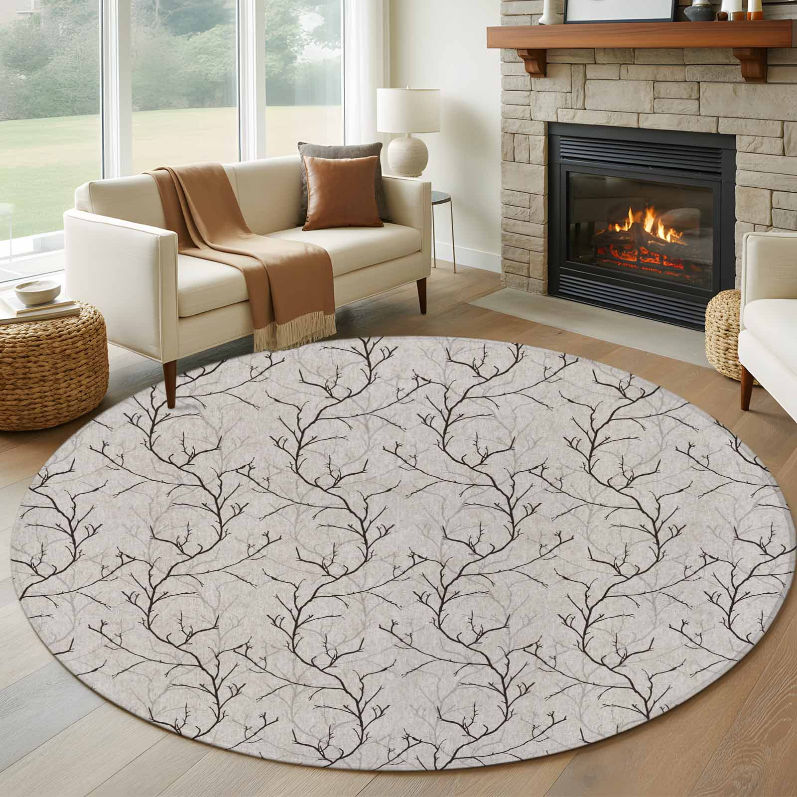 Black Grey Branches Round Area Rug 7Ft Washable Circle Rugs for Dorm Laundry Room, Vintage Art Farmhouse Non-Slip Carpet Floor Mats Indoor Outdoor Carpet Runner Aesthetic Home Decor