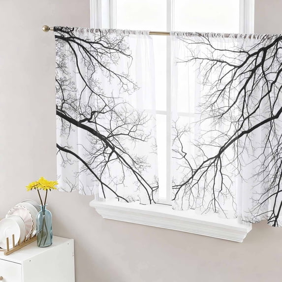Black Grey Branches Sheer Curtains 45 Inch Length 2 Panels Set, Modern Art Botanical Voile Window Treatment Rod Pocket Small Kitchen Curtains Drapes for Bedroom 52"x45"x2