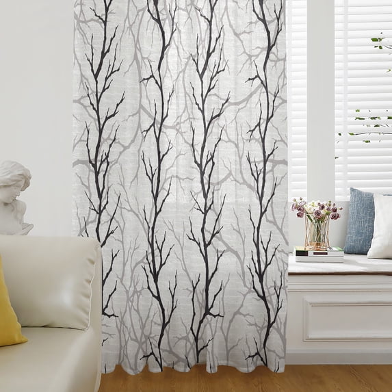 Black Grey Branches Sheer Curtains 84 Inch Length, Light Filtering Voile Curtain Panel, Pastoral Botanical Rod Pocket Drapes Window Treatments for Living Room Bedroom 52"x84"