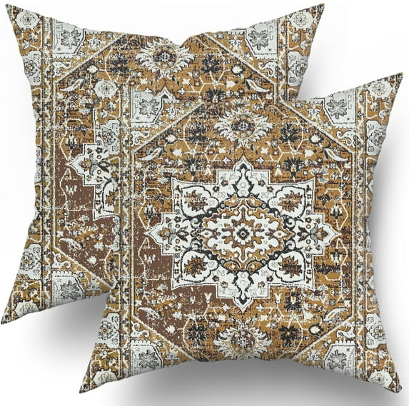 Black Grey Brown Pillow Covers 16x16 Set of 2 Rustic Vintage Ethnic Carpet Pattern Boho Design Geometric Floral Print Decorative Throw Pillows Fall Farmhouse Cushion Case Decor for Couch Sofa Bed