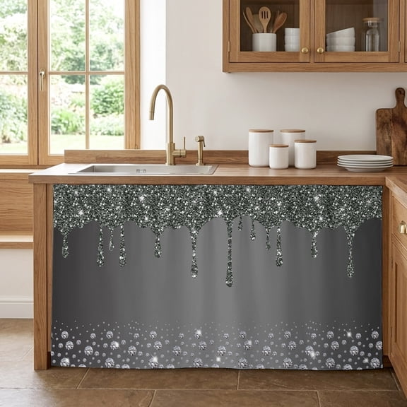 Black Grey Cabinet Curtain 28"Wx51"L,Dustproof Storage Cabinet Curtain with Self Adhesive Tape,Modern Abstract Diamond Luxury Gradient Tall Pantry Cover Drape for Kitchen,Laundry Room,Utility Closet
