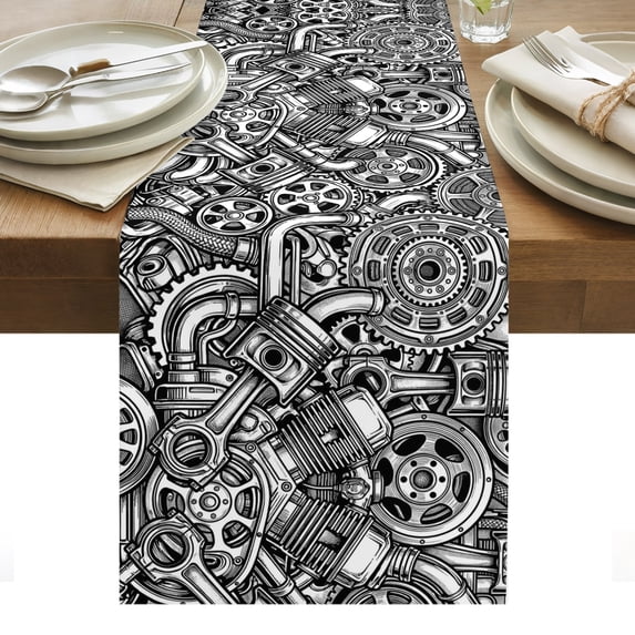 Black Grey Car Table Runner Vintage Automobile Car Parts Engine Print Tablerunners 13 x 108 Inch, Table Decorations Tabletop Scarf for Summer Gathering Holiday Farmhouse Kitchen Dining Decor