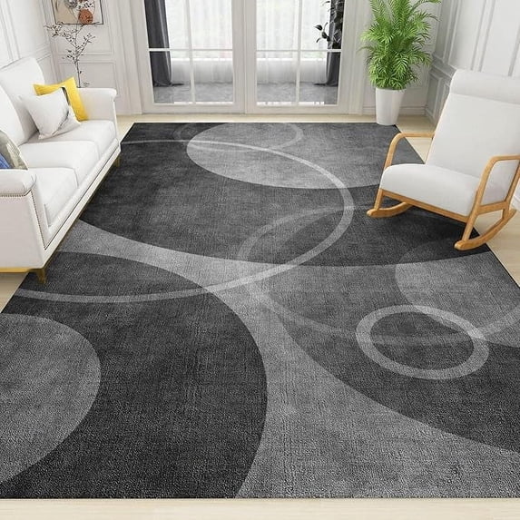 Black And Grey Circles Area Rugs, Modern Geometric Indoor Non-Slip Kids Rugs, Machine Washable Breathable Durable Carpet For Front Entrance Floor Decor 4 x 6ft