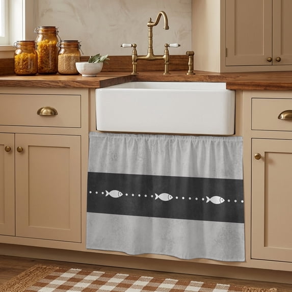 Black Grey Coastal Fish Small Cabinet Curtains 10